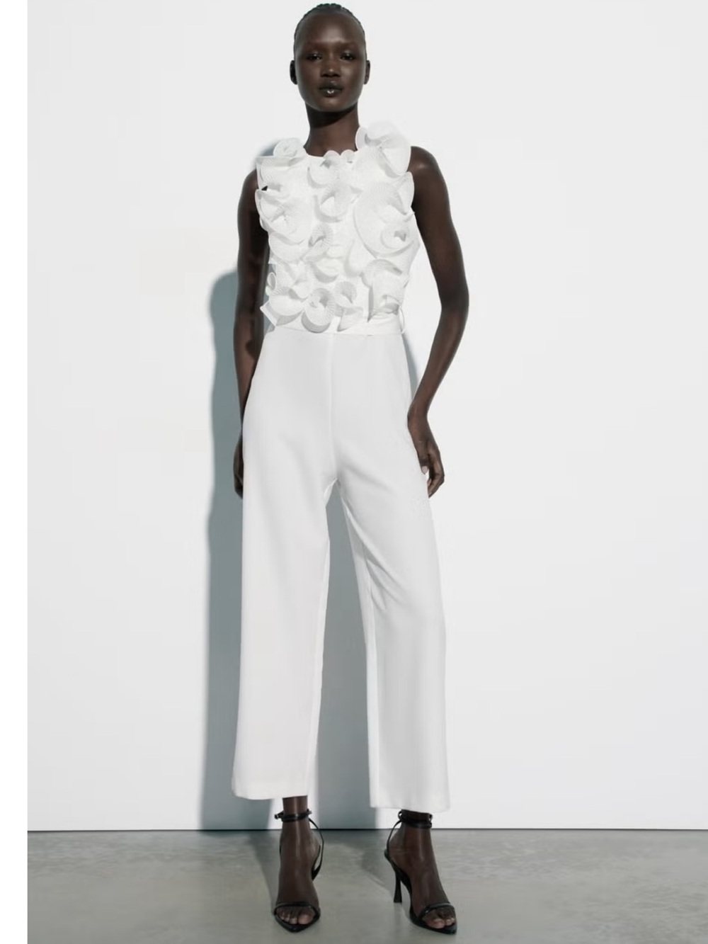 Zara White Sleeveless Wide-Leg Jumpsuit with Floral Appliqués